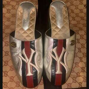 Gucci Black Leather New York Yankees Slides Slipper Shoes